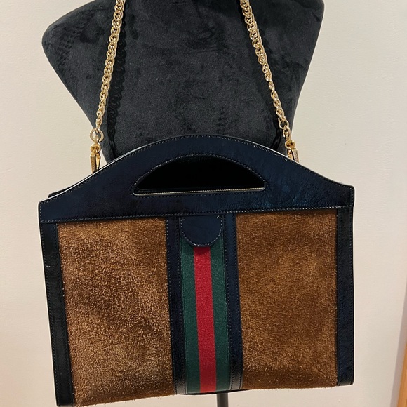 💯 Authentic Gucci Ophidia Brown Suede Cut Out Top Handle Shoulder Bag - Picture 4 of 12